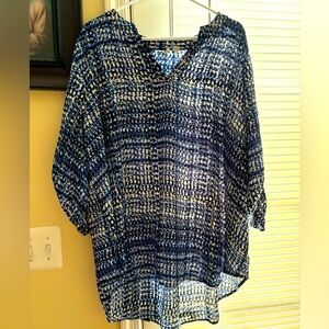 EUC EST. 1946 Blue, Black and White Printed High-Low Blouse with Tabbed Sleeves